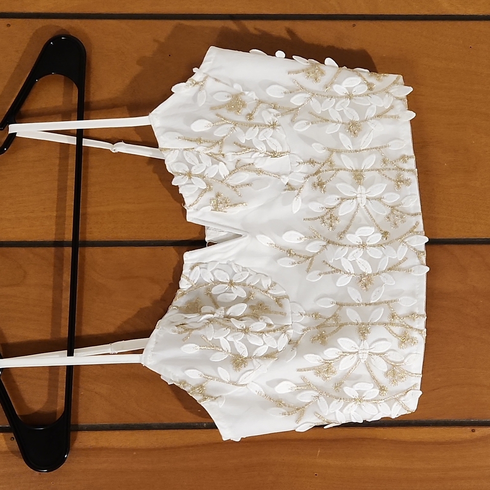 SHEIN White Crop Top with Gold Floral Embroidery